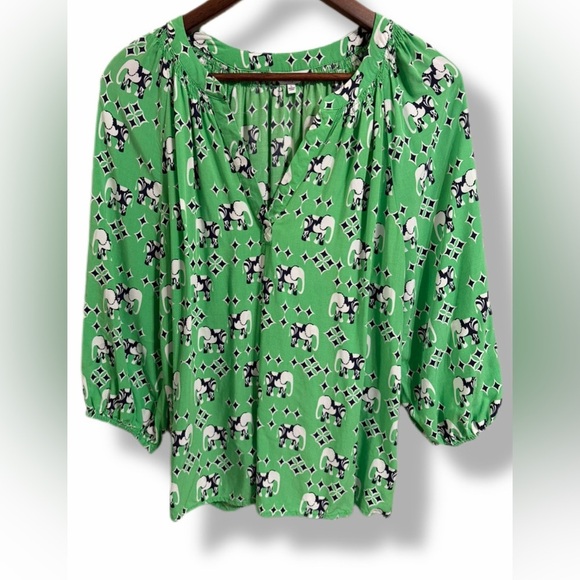 crown & ivy Tops - Crown & Ivy Boho Green & Navy Southern Preppy Elephant Print Blouse  Large